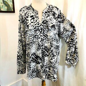 Calvin Klein Blouse with Black and White Abstract Print No Collar Long Sleeves